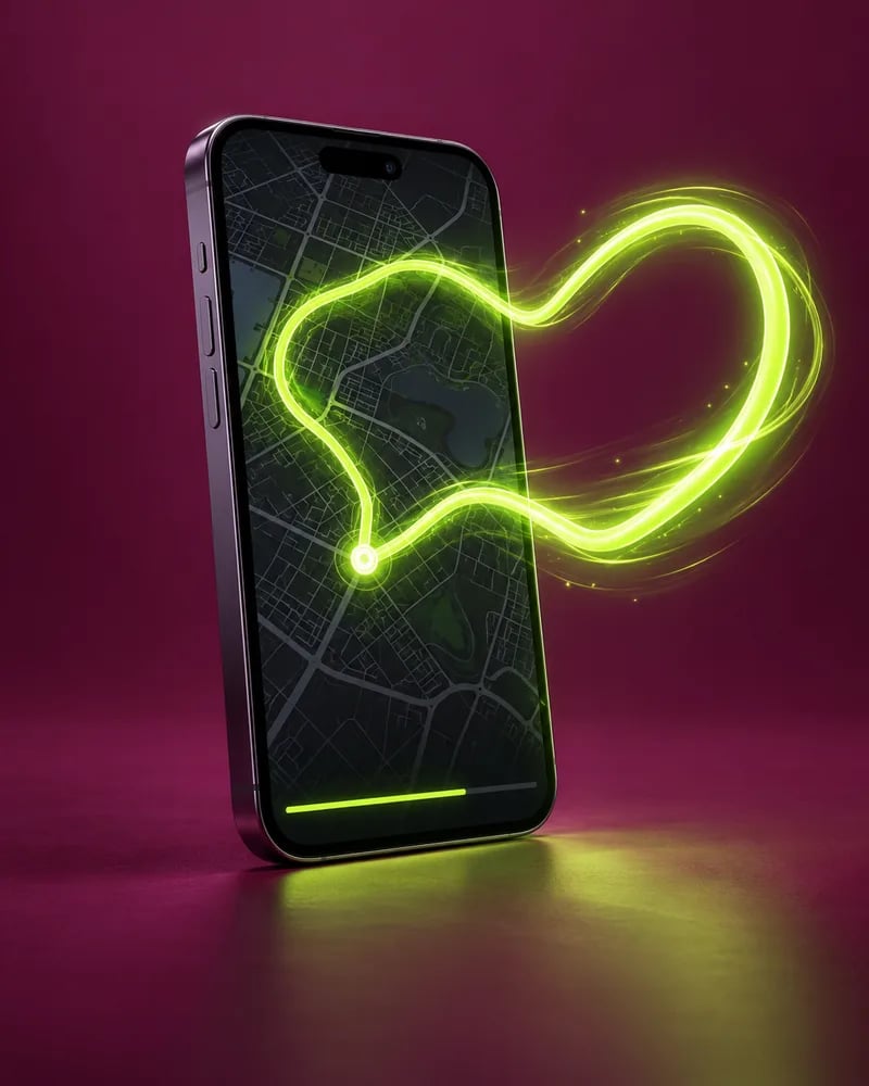 A glowing lime heart route bursts out of a phone playing a video