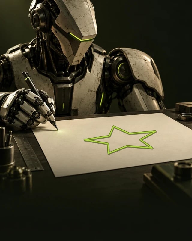 An ivory and titanium drawing robot generates a lime star on a drafting sheet