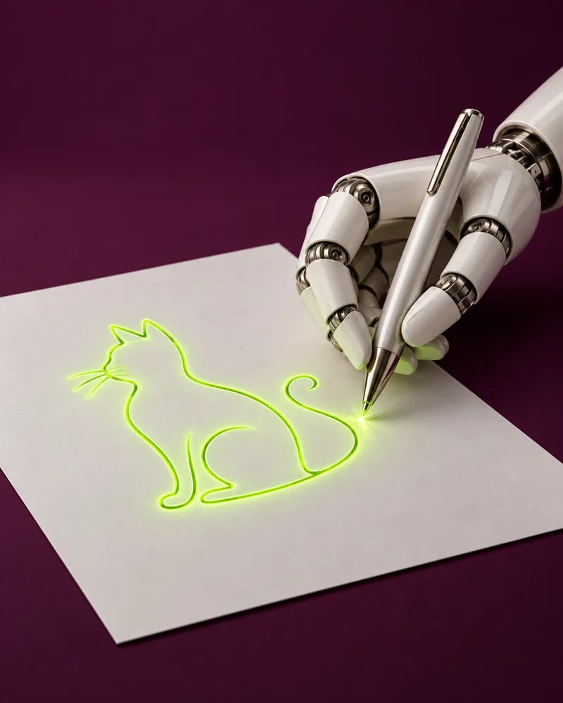 A robotic hand draws a glowing lime cat doodle on a sheet of white paper