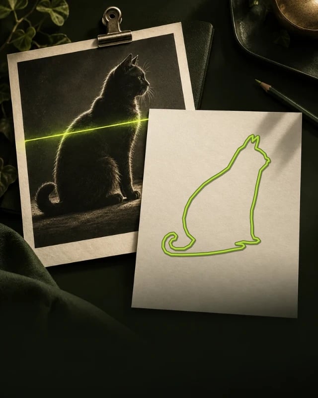 A real cat photograph becomes a drawn lime contour on an overlapping tracing sheet