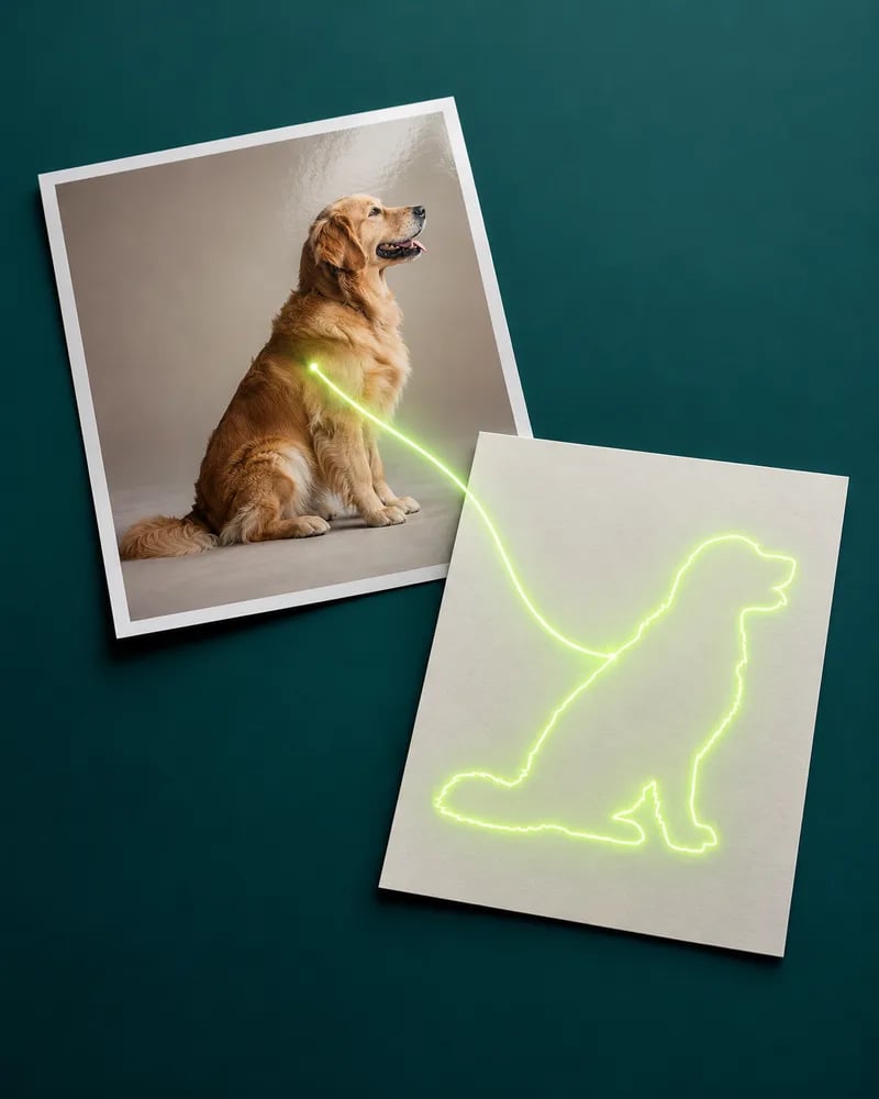 A photo of a dog turns into a glowing lime outline of the same dog on a white card
