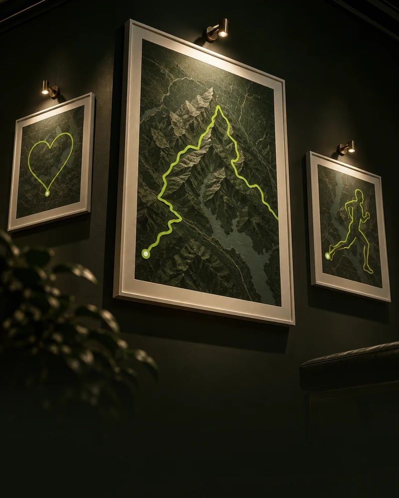 Framed GPS artwork displayed under spotlights on a dark gallery wall