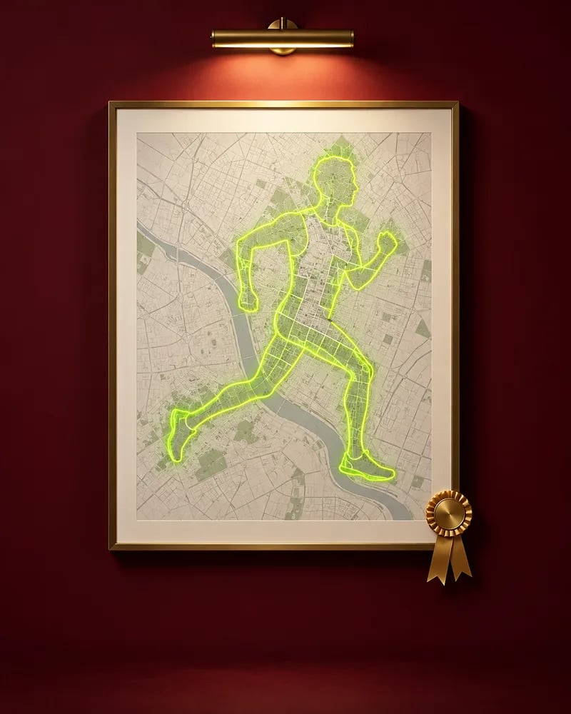 A framed running-figure route with an award ribbon under a gallery spotlight