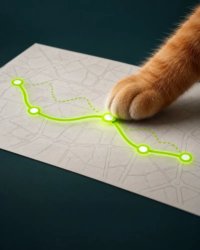 A cat paw drags a route's control point, with the old jagged path dashed behind it