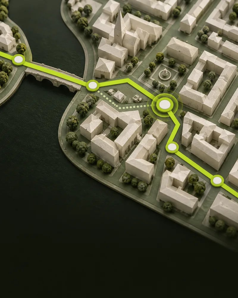 A lime route with editable control points and a refined bend through a miniature city
