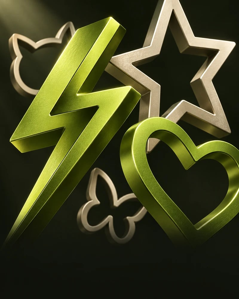 Sculptural lime and ivory lightning, star, heart, cat and butterfly shapes at different depths