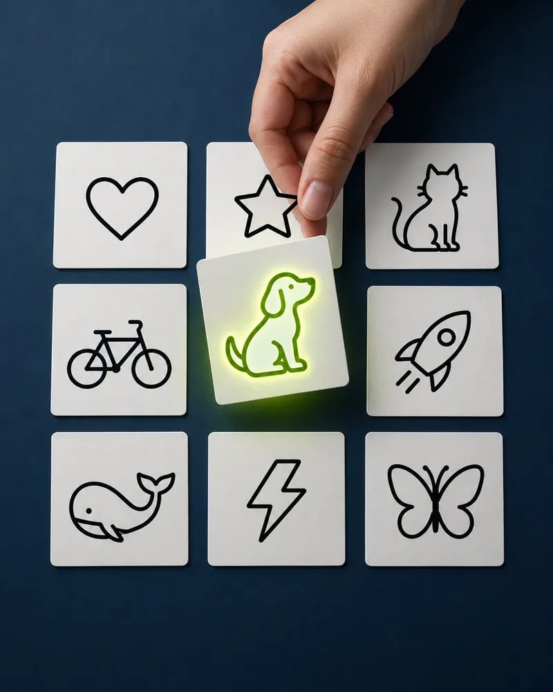 A grid of hand-drawn doodle cards, with the dog picked up and glowing lime