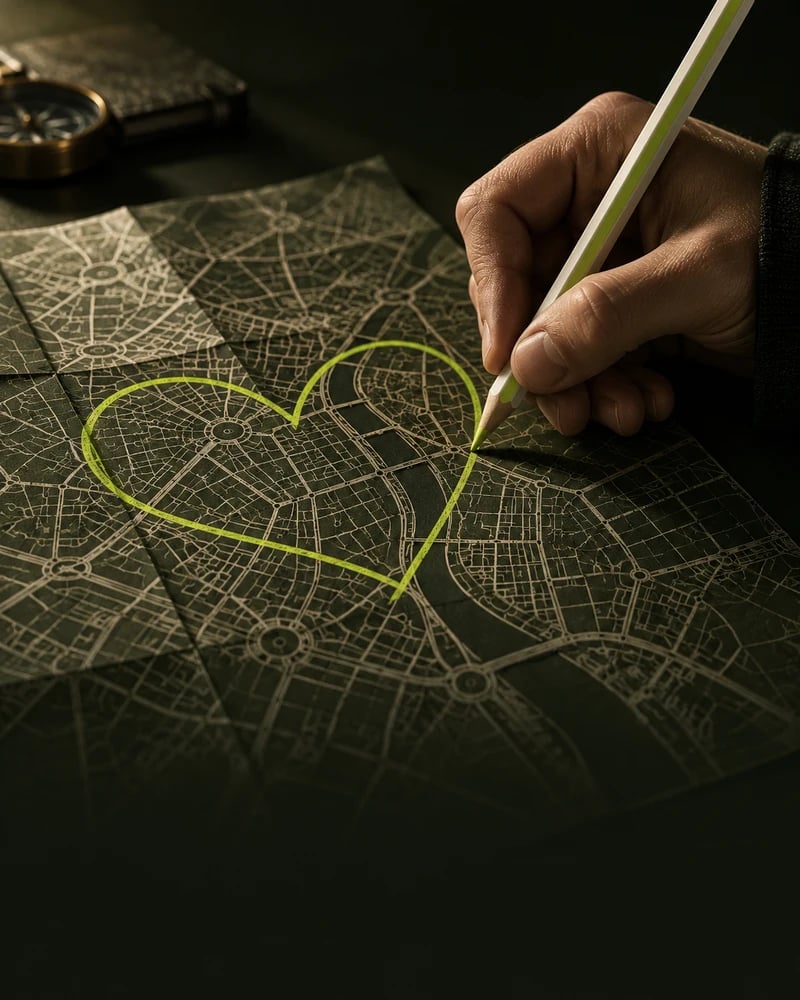 A hand with a technical pencil draws a lime heart across a dark paper street map