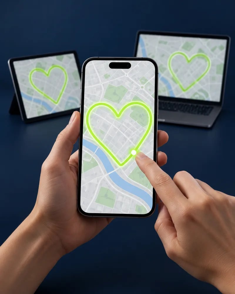 A finger draws a lime heart route on a phone map, with the same heart on a tablet and a laptop behind