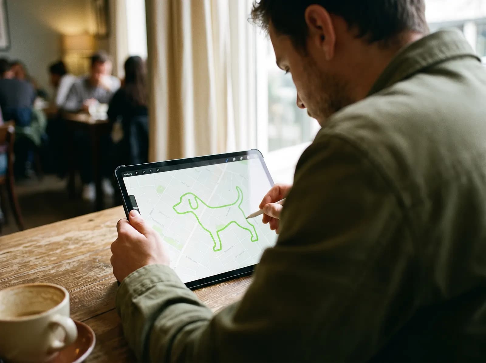 A runner sketching a dog-shaped route on a tablet map in a cafe