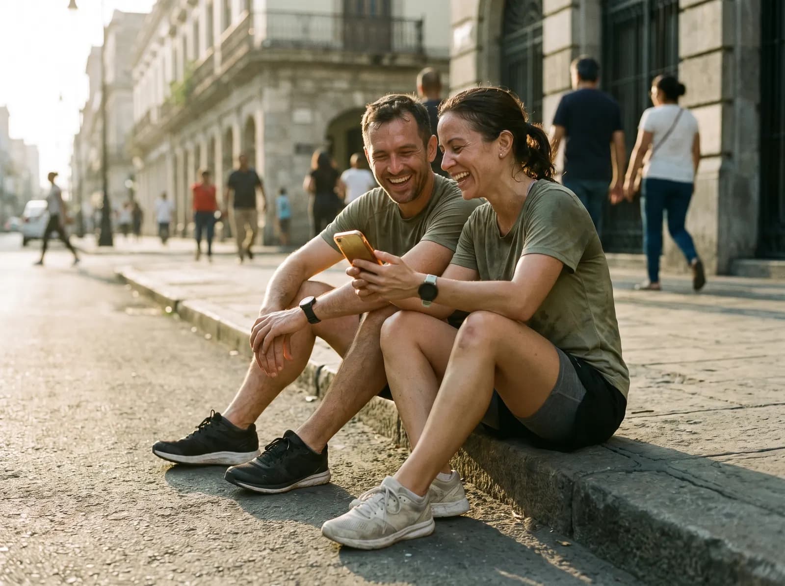 Two runners on a curb laughing at their finished GPS art on a phone