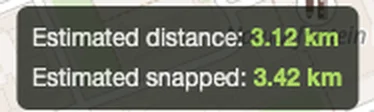 The distance box showing an estimated distance of 3.12 km and an estimated snapped distance of 3.42 km