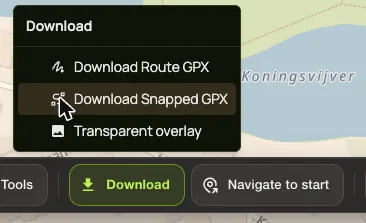 The Download menu with Download Route GPX, Download Snapped GPX and Transparent overlay