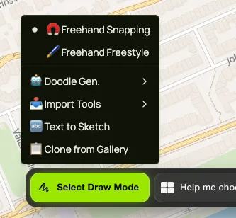 The Select Draw Mode menu with Freehand Snapping, Freehand Freestyle, Doodle Gen., Import Tools, Text to Sketch and Clone from Gallery