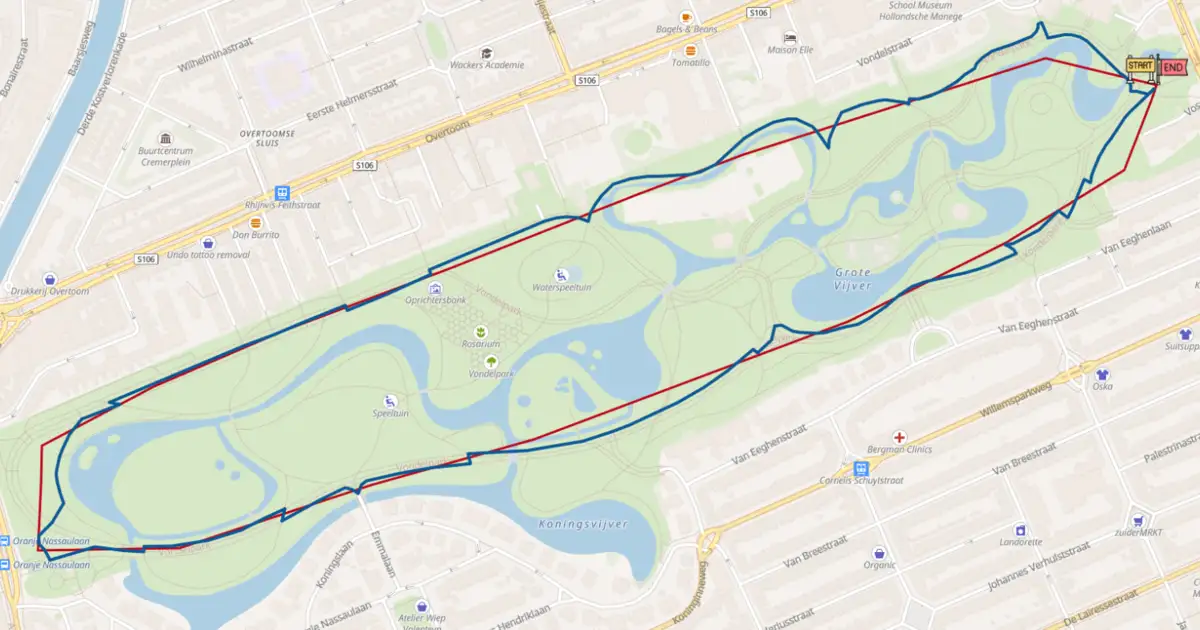 A running loop drawn around Vondelpark in Amsterdam: the rough drawn line in red and the snapped route along the park paths in blue