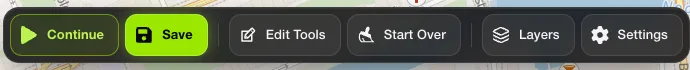 The editor toolbar after pausing, with Continue, Save, Edit Tools, Start Over, Layers and Settings